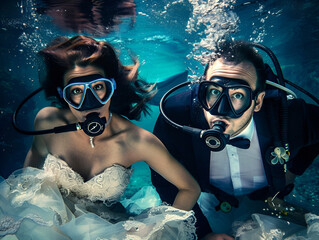 Portrait of the bride and groom drivers underwater