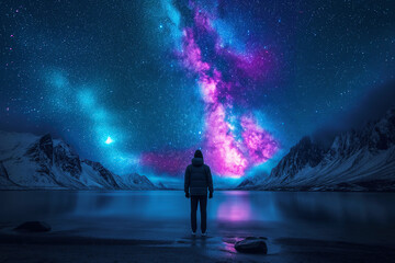 Wall Mural - silhouette of man standing on shore of lake on the background of a bright starry night sky with a mi