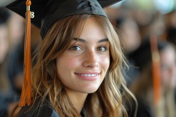 Wall Mural - A cheerful young woman wears a graduation cap and gown, pride evident in her radiant smile