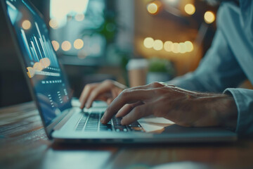 Businessman's hands working on finance, laptop computer with graphic diagrams, stock market..