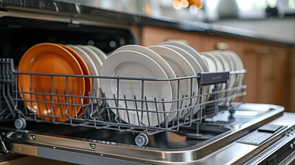 Wall Mural - Kitchen appliance filled with plates, silverware and bowls in building.