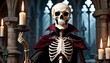 A human skeleton dressed as a vampire holds a candlestick, creating a spooky, gothic atmosphere in a dimly lit, archaic setting.. AI Generation
