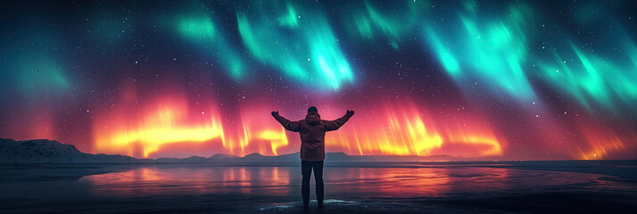 Wall Mural - silhouette of man standing on shore of sea on background of bright colorful polar northern lights in