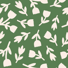 Aufkleber - Abstract floral seamless pattern. Organic nature botanical print. White cute elegant flowers on a green background. Vector illustration	