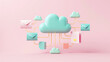 A central cloud connects to various icons against a pastel pink backdrop.