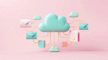 Wall Mural - A central cloud connects to various icons against a pastel pink backdrop.