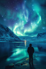 Wall Mural - silhouette of man standing on shore of a lake on background of green polar northern lights in night 