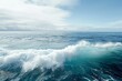 This photo captures a large body of water with a prominent wave forming in the center, A panoramic view of a peaceful ocean with rolling waves, AI Generated
