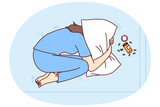Fototapeta Kwiaty - Depressed woman suffering from overdose of antidepressants covers head with pillow in need of qualified doctor help. Concept of overdose from drugs or prescription pills from psychotherapist