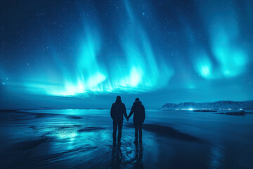 Wall Mural - couple in love standing on shore of sea on background of bright polar northern lights in night starr