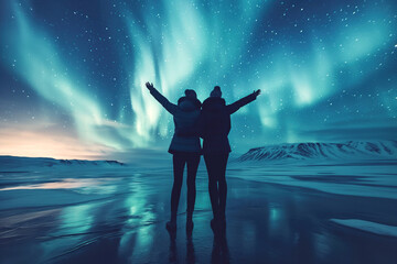 Wall Mural - two woman standing on ice of sea on background of bright polar northern lights in night starry sky w
