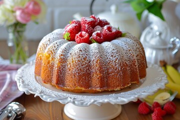 Wall Mural - Traditional pound cake baked in a bundt pan with vanilla or sour cream flavor sprinkled with powdered sugar