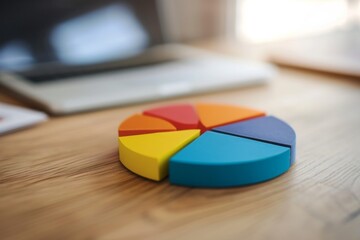 Poster - A close-up view of a wooden table with a computer visible in the background, A pie chart representing percentage of different investment options, AI Generated
