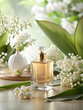 Beautiful composition consisting of a bottle of perfume and delicate white lilies of the valley.