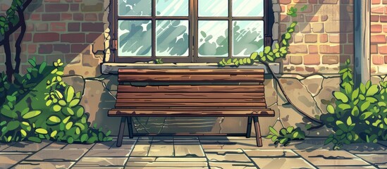 Poster - A wooden bench with hardwood flooring is placed in front of a brick building, next to a window. The surrounding area is covered with grass