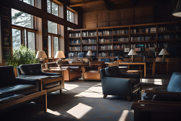 Library interior with shelves and armchairs