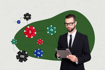 Poster - Creative picture collage young man dealer tablet device casino chips fortune player gambling winner prize online entertainment