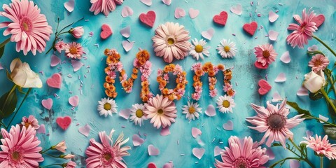 Wall Mural - A blue background with pink flowers and pink letters spelling out the word 