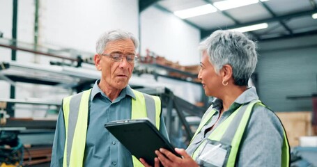 Aufkleber - Tablet, teamwork and mature engineer in discussion, planning and manufacturing at factory. Tech, warehouse and collaboration of people for storage, production and industrial inventory with manager