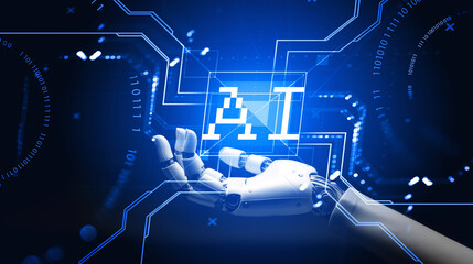 Poster - Robot hand with AI icon and binary with circuit. Ai generative illustration