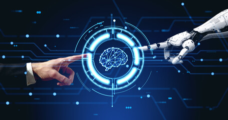 Poster - Human and robot finger touch AI brain hologram. Ai generative illustration
