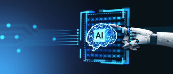 Aufkleber - Robot finger touch AI brain, machine learning. Ai generative illustration