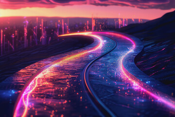 technology roads made out of fiber and network connections. colorful abstract background.