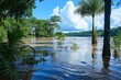 A flooded area with palm trees submerged in water, showcasing the extent of the flooding, A river in the Amazon rainforest in full flood, AI Generated