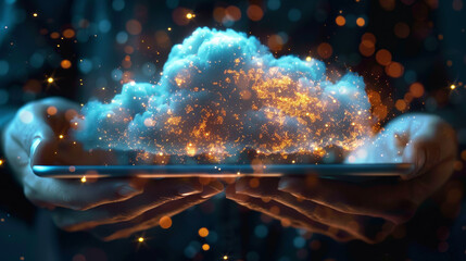 Poster - A pair of hands holding a tablet that displays a glowing, cloud-shaped constellation, set against a dark, bokeh background, symbolizing cloud technology and data security. Generative AI