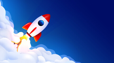 Wall Mural - Rocket launch in the sky flying over clouds. Space ship in smoke clouds. Business concept. Start up template. Horizontal background.