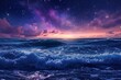 This photo shows a beautifully painted sunset over the ocean, with vibrant colors reflecting on the water, A romantic view of ocean waves under a starry sky, AI Generated