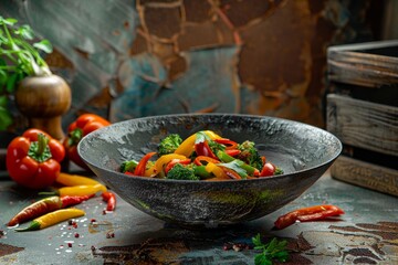 Sticker - Delicious Asian recipe featuring broccoli and peppers cooked in oil displayed against a rustic background