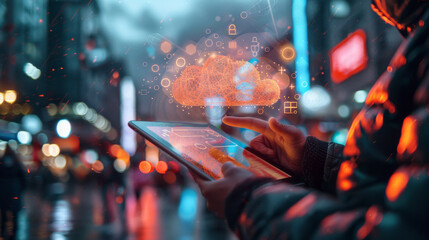 Poster - A person using a tablet with a futuristic cloud computing concept overlay, in a city at night, Generative AI.