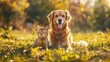 Craft an endearing image featuring a cute dog and cat sitting together on a green grass field, surrounded by the beauty of a spring sunny background.  