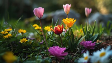 Wall Mural - pink and yellow tulips in spring.