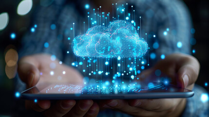 Poster - hands holding a tablet with a holographic cloud symbol, depicting cloud data storage on a dark bokeh