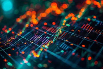 Poster - A detailed view of a computer screen displaying vibrant and illuminated colors, A scatter plot showing risk vs return for various investments, AI Generated
