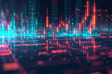 Poster - This photo captures an abstract composition featuring a vibrant arrangement of lines and squares, A scatter plot showing the correlation between market volatility and trade volume, AI Generated
