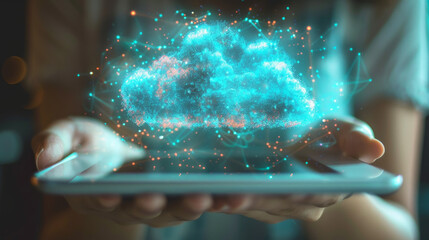 Poster - A holographic cloud symbol over a smartphone, symbolizing cloud data technology on a dark background. Generative AI