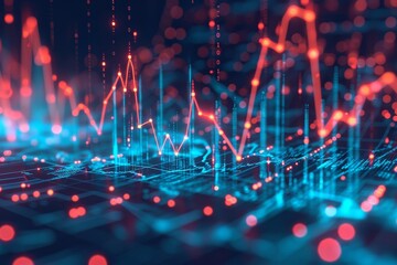 Poster - A vibrant blue and red background filled with intersecting lines and scattered dots, A scatter plot showing the correlation between market volatility and trade volume, AI Generated