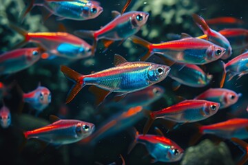 Wall Mural - A multitude of fish swimming together in an aquarium, creating a mesmerizing display of underwater motion and color, A school of neon tetra fish swimming in dark waters, AI Generated