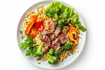 Wall Mural - Top view of meat and vegetable noodles on a white background