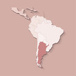 Vector illustration with South America land with borders of states and marked country Argentina. Political map in brown colors with regions. Beige background