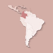 Vector illustration with South America land with borders of states and marked country Colombia. Political map in brown colors with regions. Beige background