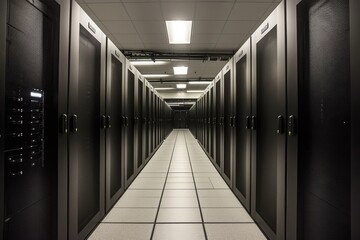 Poster - rows of servers neatly organized in a data center, providing a secure and efficient environment for 