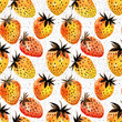 Watercolor  seamless pattern with stylized strawberries and polka dot isolated on white background.