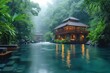 House over river by lush green forest