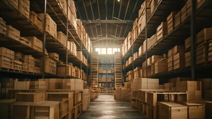 Poster - Warehouse interior with rows of wooden boxes. 3D Rendering, Warehouse or warehouse with rows of shelves and rows of wooden boxes, AI Generated