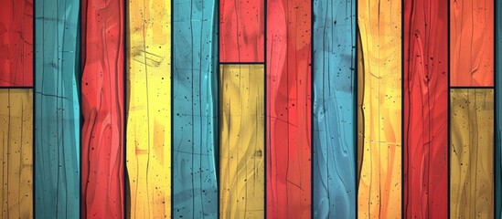 Wall Mural - A close up of a row of creative arts made of natural material, rectangular wooden boards painted in vibrant tints and shades of magenta and electric blue, with a unique pattern