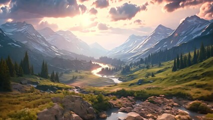 Wall Mural - Beautiful alpine meadow with flowers in mountains at sunset, Mountain valley during sundown. Beautiful naural landscape in the summer time, AI Generated